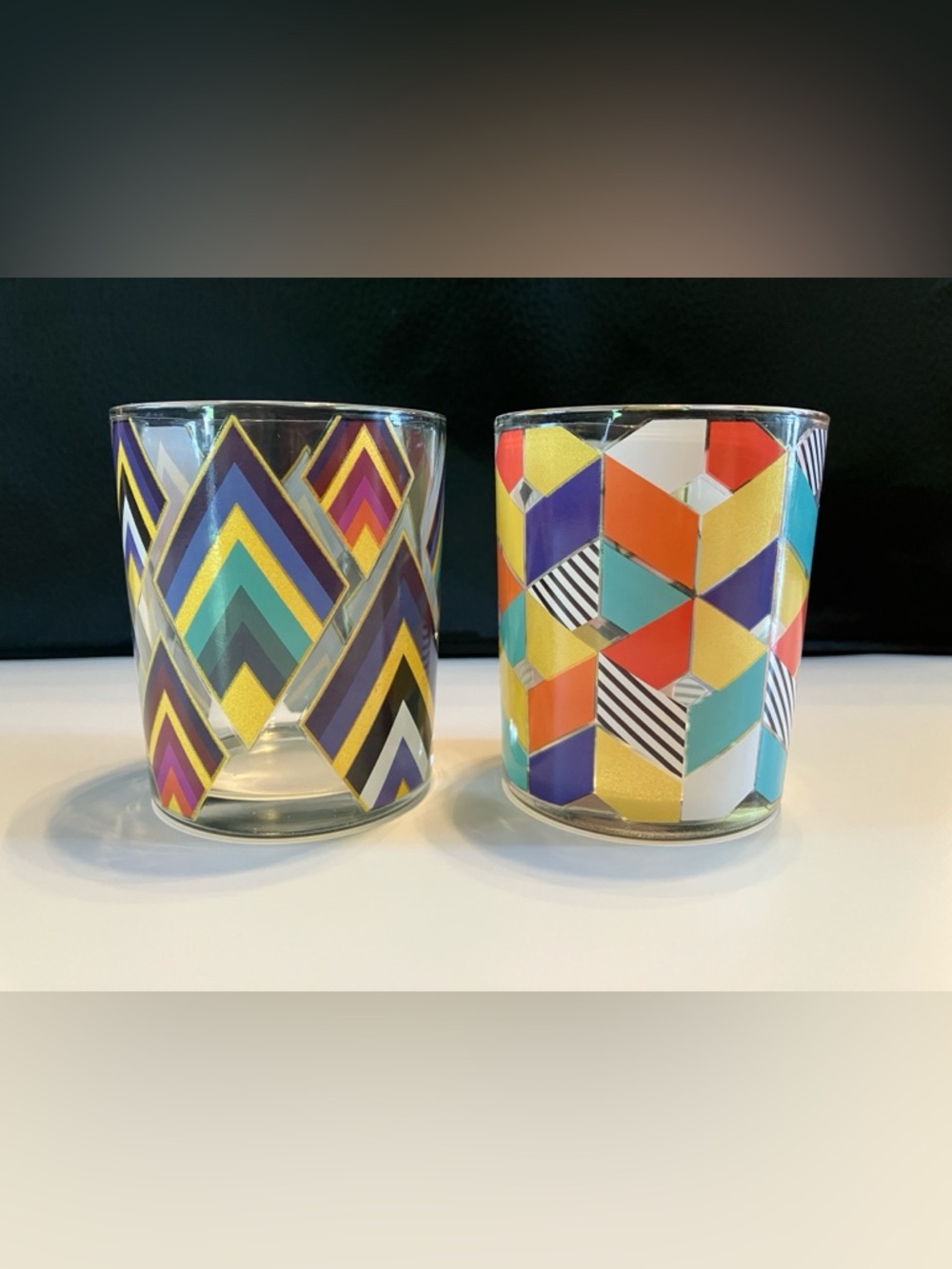 Set of Two Colorful Geometric Glass Votive Holders